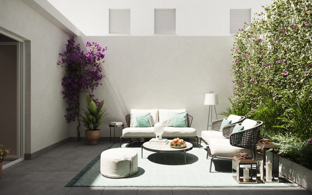 Terraza de una vivienda con muebles decorativos